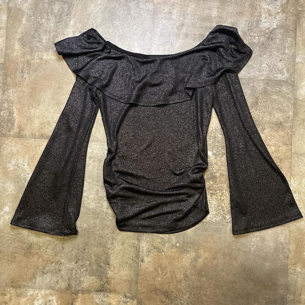 vintage y2k bcx black sparkly long bell sleeve top size small
